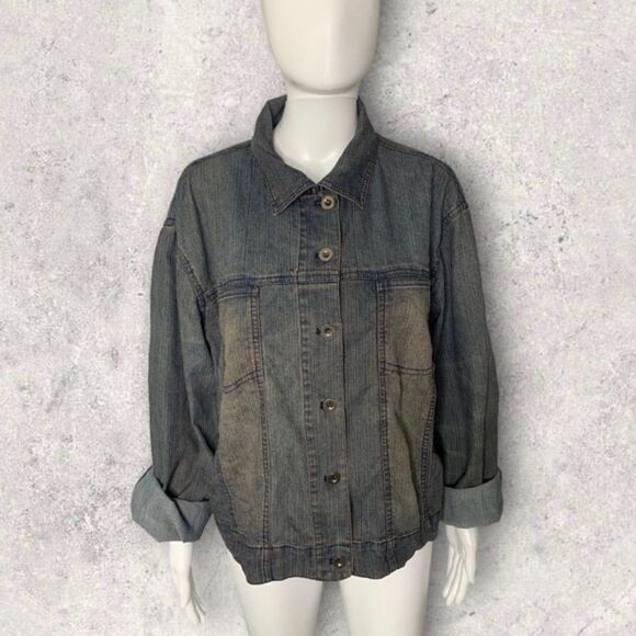 Chico’s Jean Jacket Women’s Large Retro Washed Denim Americana - Picture 1 of 9